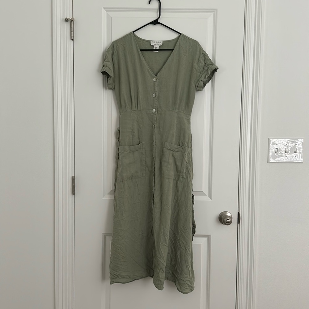 Rachel Zoe 100% Linen Green Button Front Short Sleeve Mini Shirt Dress Small